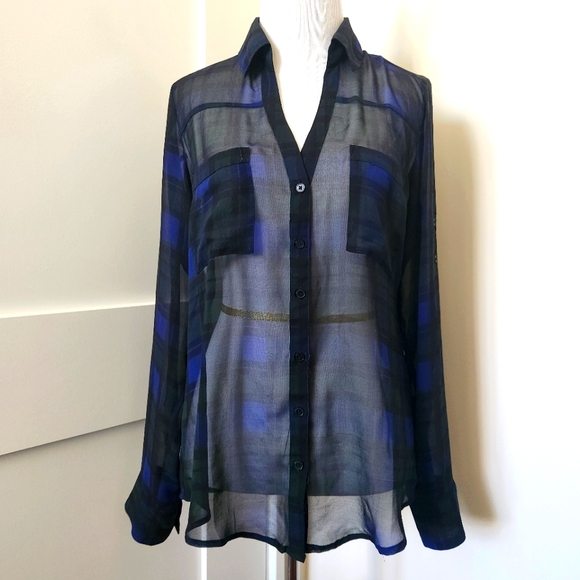 Express Tops - Express Blue/green/black Portifino plaid sheer button-down shirt. Size S.